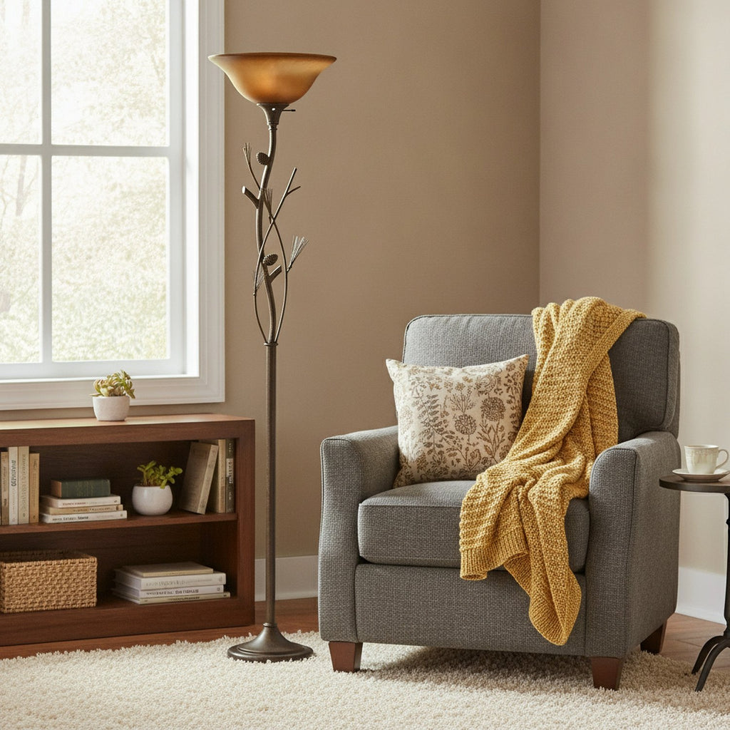 72" Rusted Torchiere Floor Lamp With Brown Frosted Glass Dome Shade - L2