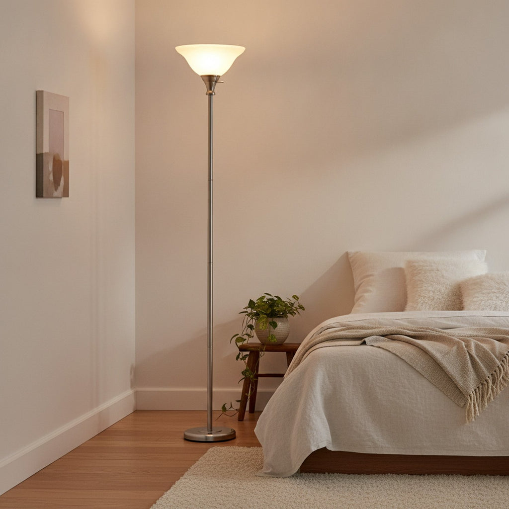 71" Nickel Torchiere Floor Lamp With Clear Frosted Glass Dome Shade - L3