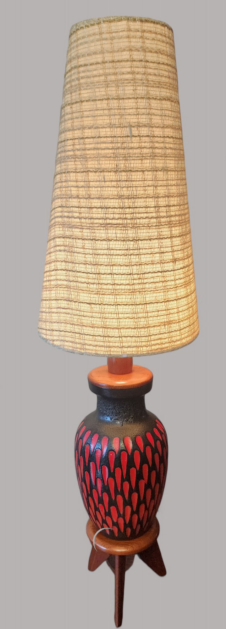 Large Mid-Century Modern Ceramic and Teak Wood Floor Lamp, H 63"