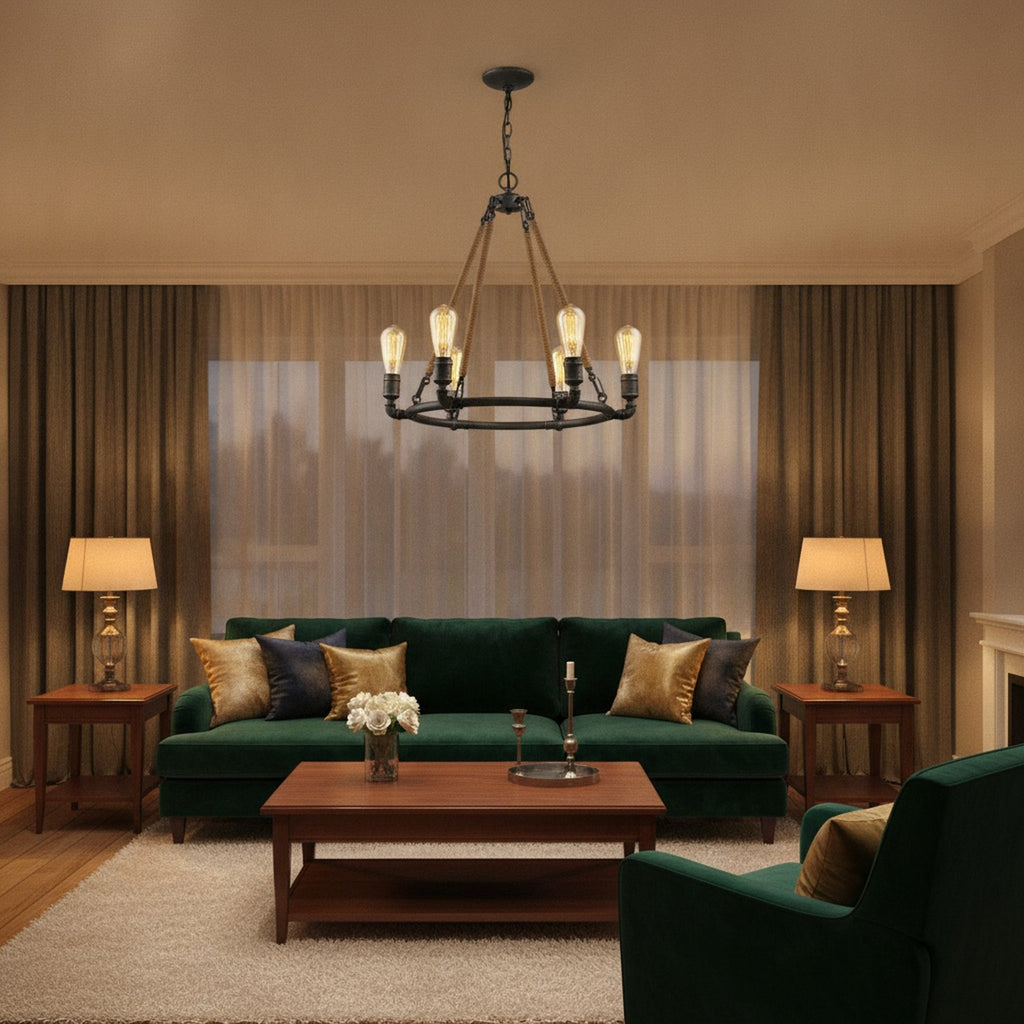 Brown and Black Candle Style Six Light Metal Dimmable Chandelier - L3