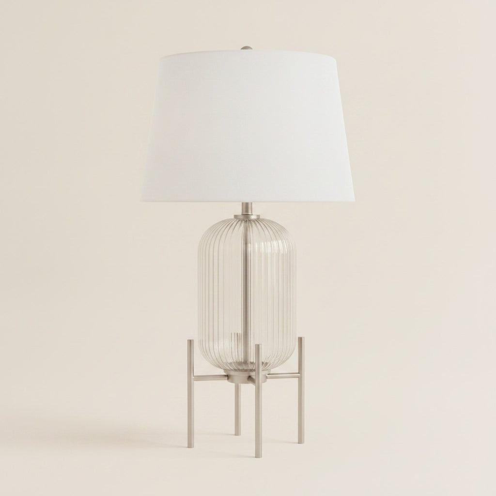 33" Nickel Glass Round Table Lamp With White Empire Shade - hero