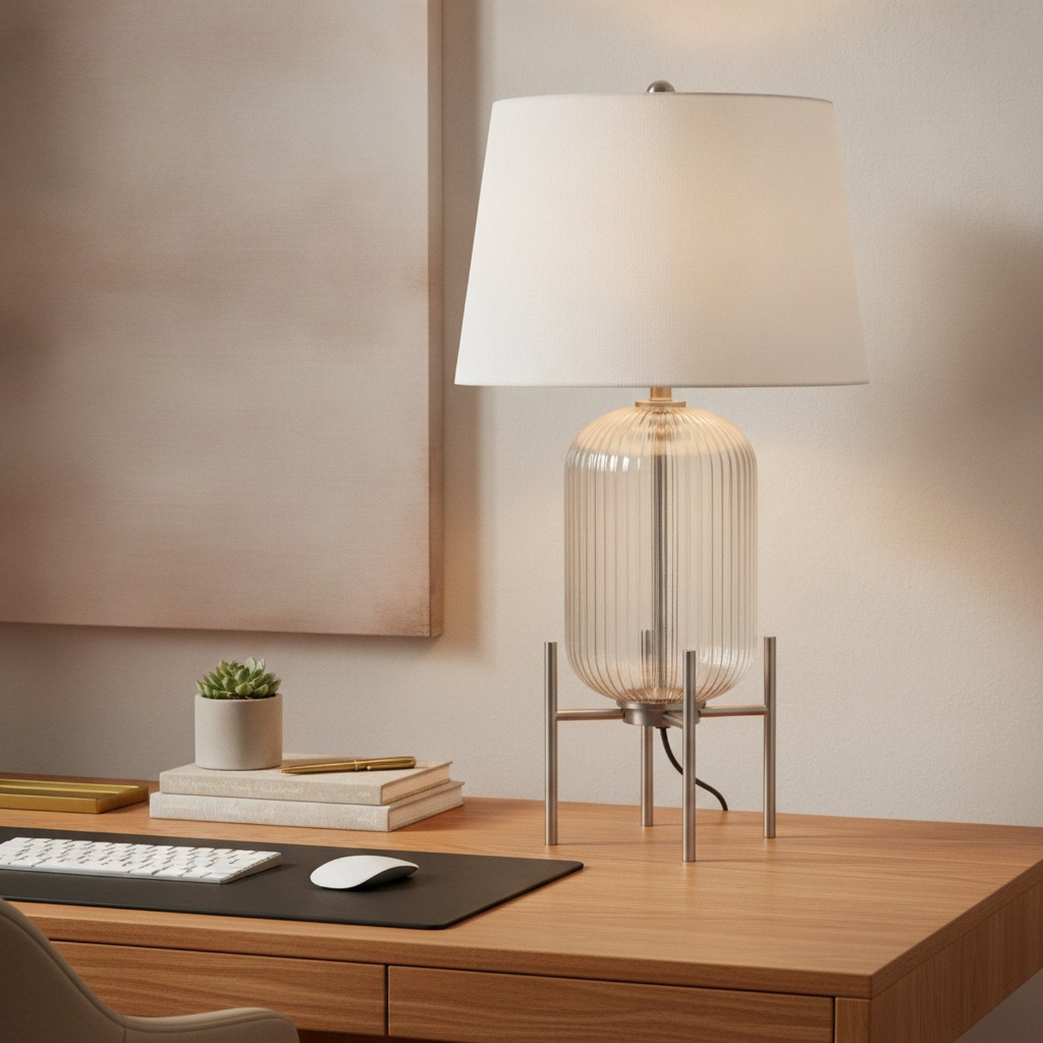 33" Nickel Glass Round Table Lamp With White Empire Shade - L3