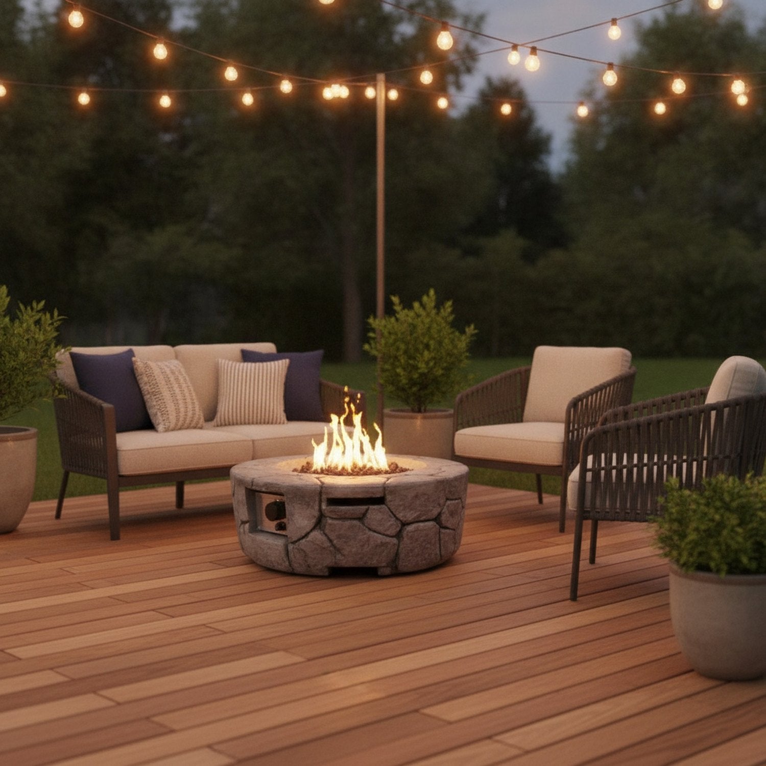 40000 BTU 28" Gray Concrete Propane Round Fire Pit With Cover - L2