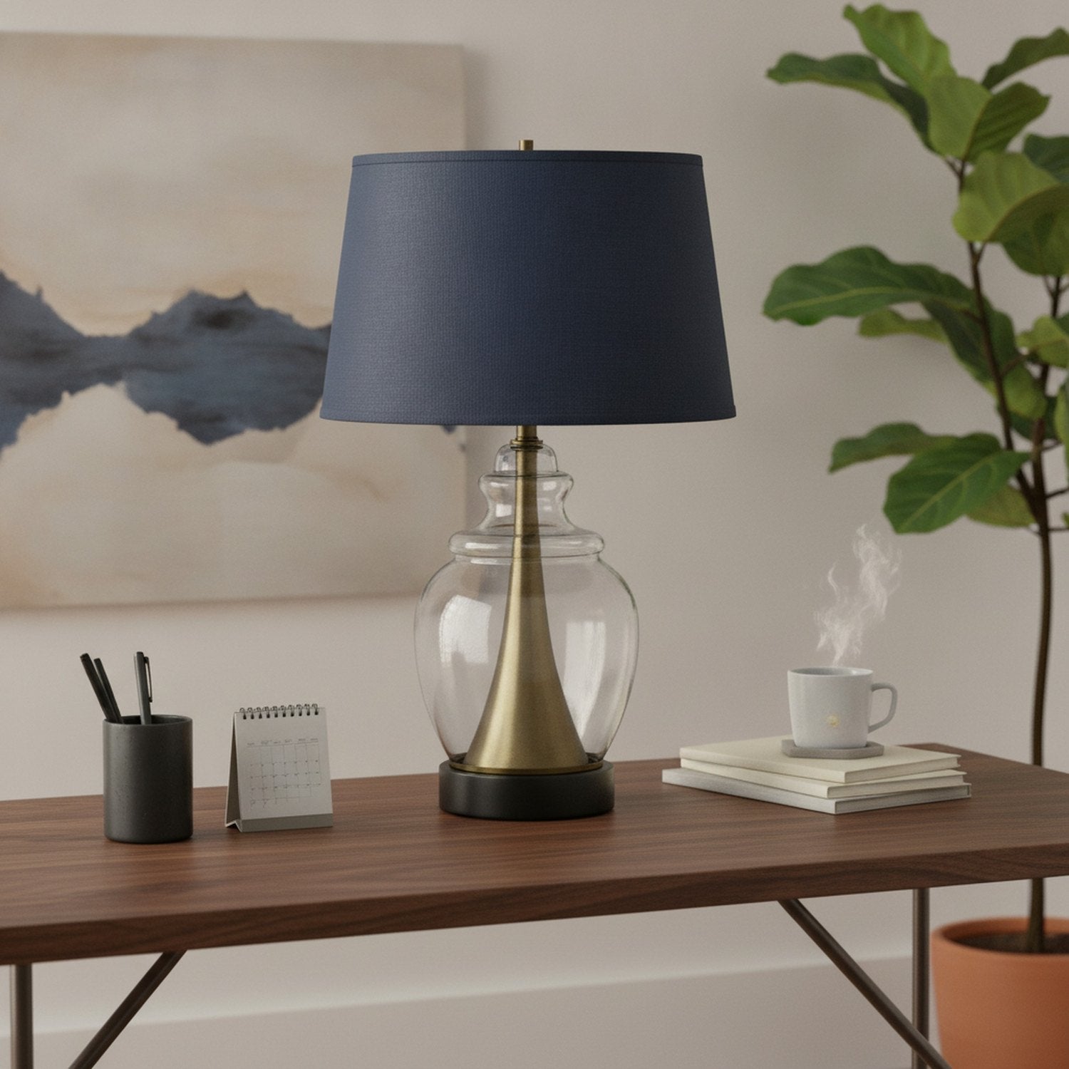 30" Black Metal Urn Table Lamp With Navy Blue Empire Shade - L3