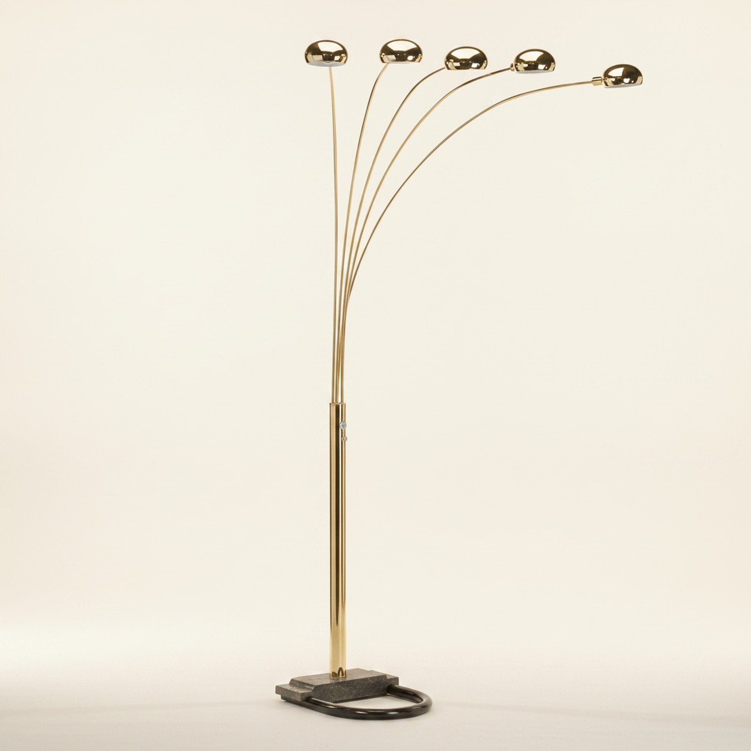 84" Brass Five Light Arc Floor Lamp With Brass Metal Dome Shade - hero