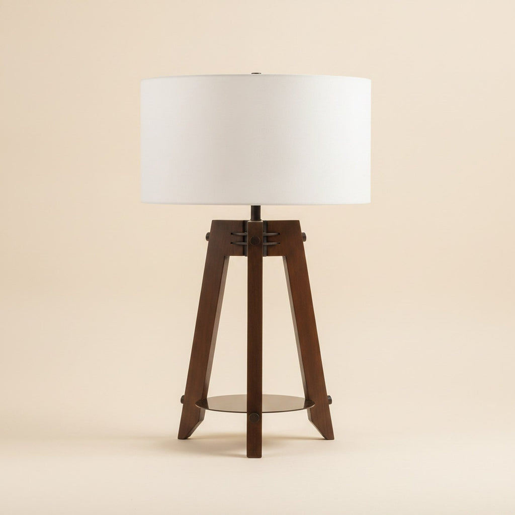 32" Brown Metal Tripod Table Lamp With Off White Drum Shade - hero