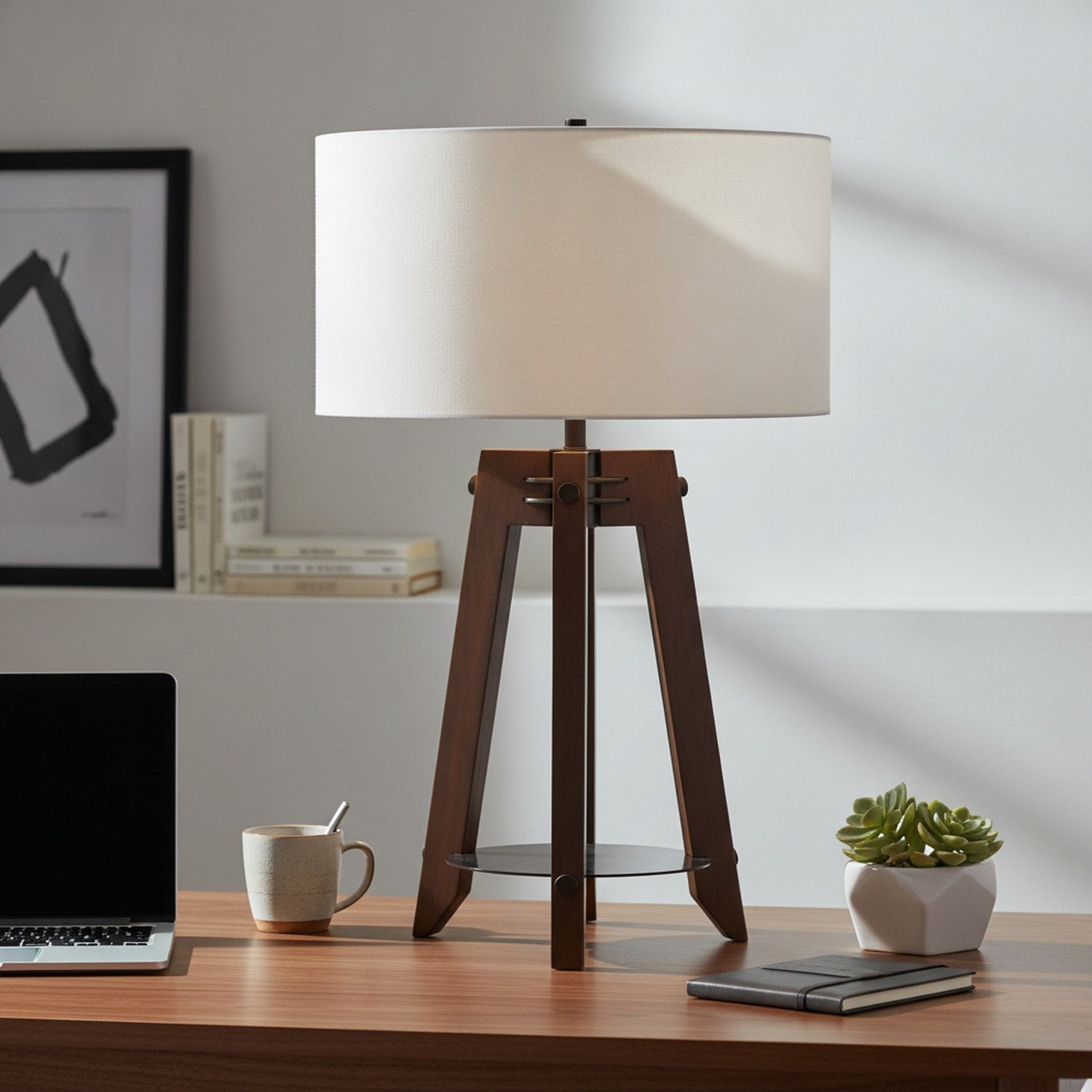 32" Brown Metal Tripod Table Lamp With Off White Drum Shade - L3