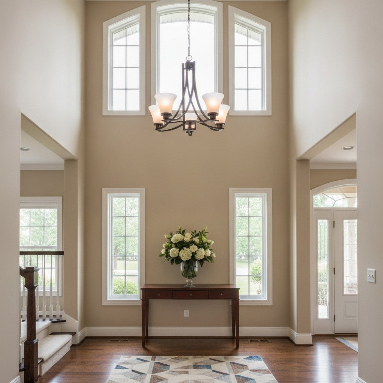 Bronze Candle Style Five Light Frosted Metal Dimmable Chandelier With White Shades - L2