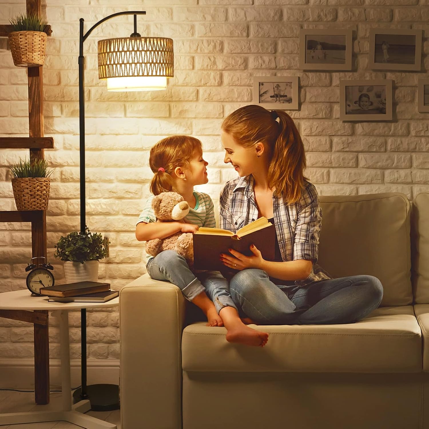 Arc Floor Lamp with Remote and Double Lampshades