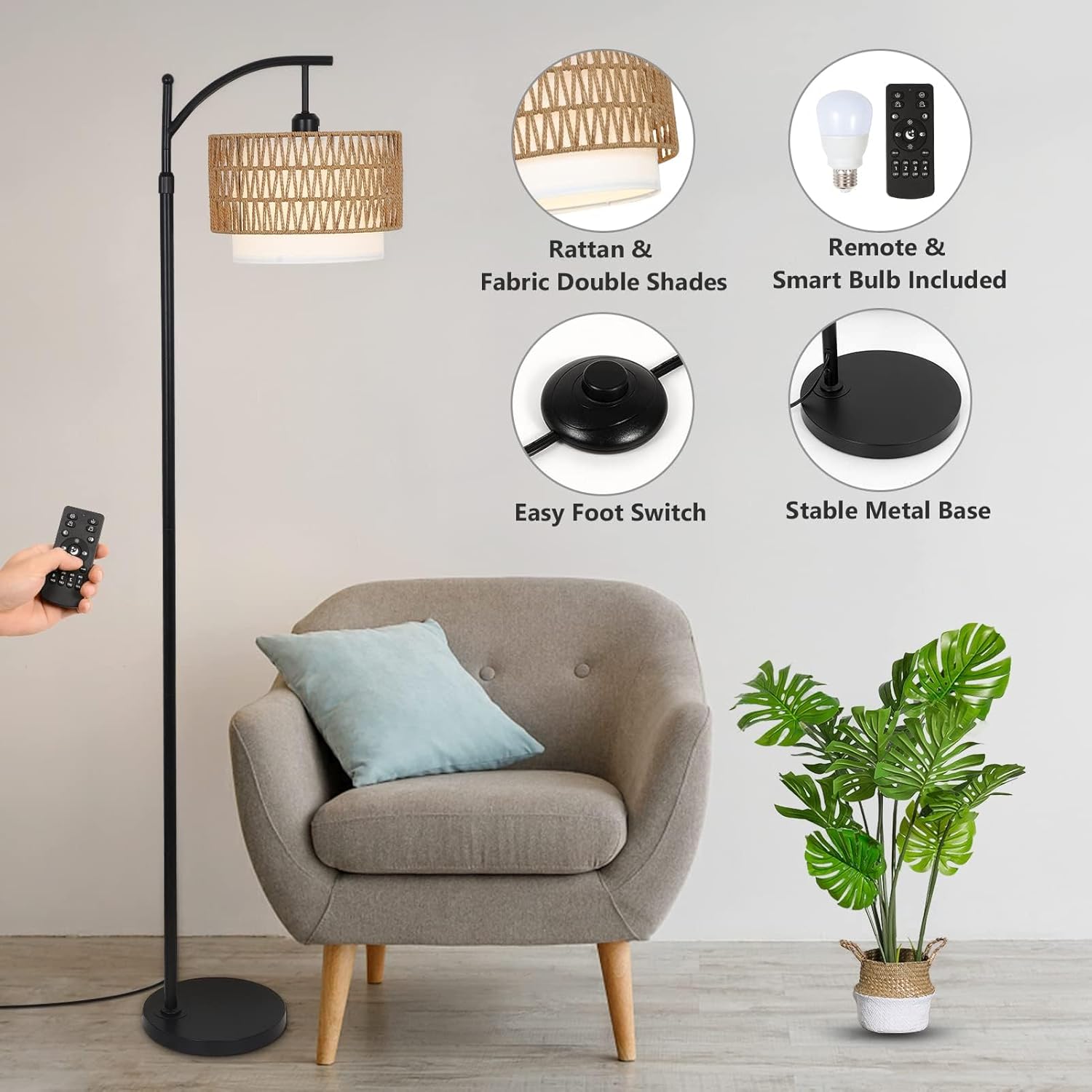 Arc Floor Lamp with Remote and Double Lampshades