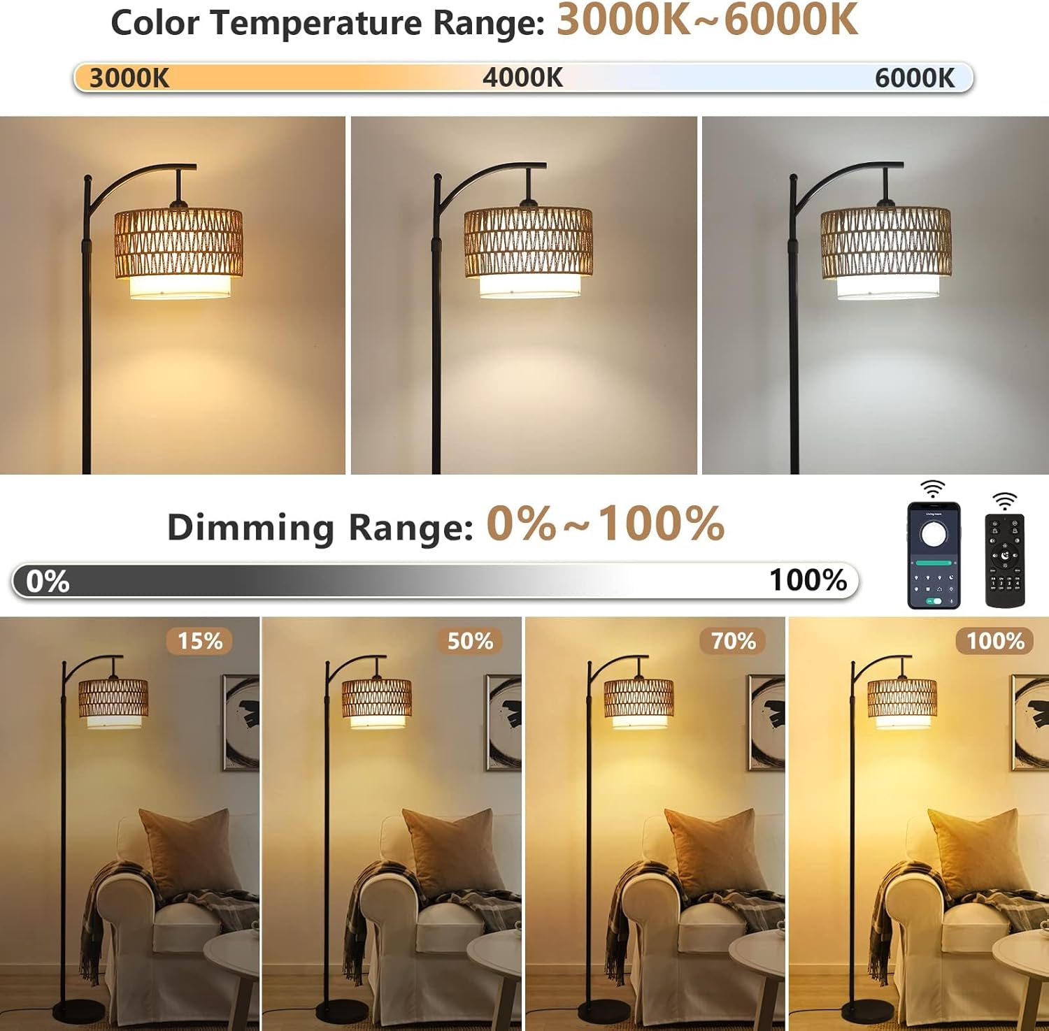 Arc Floor Lamp with Remote and Double Lampshades