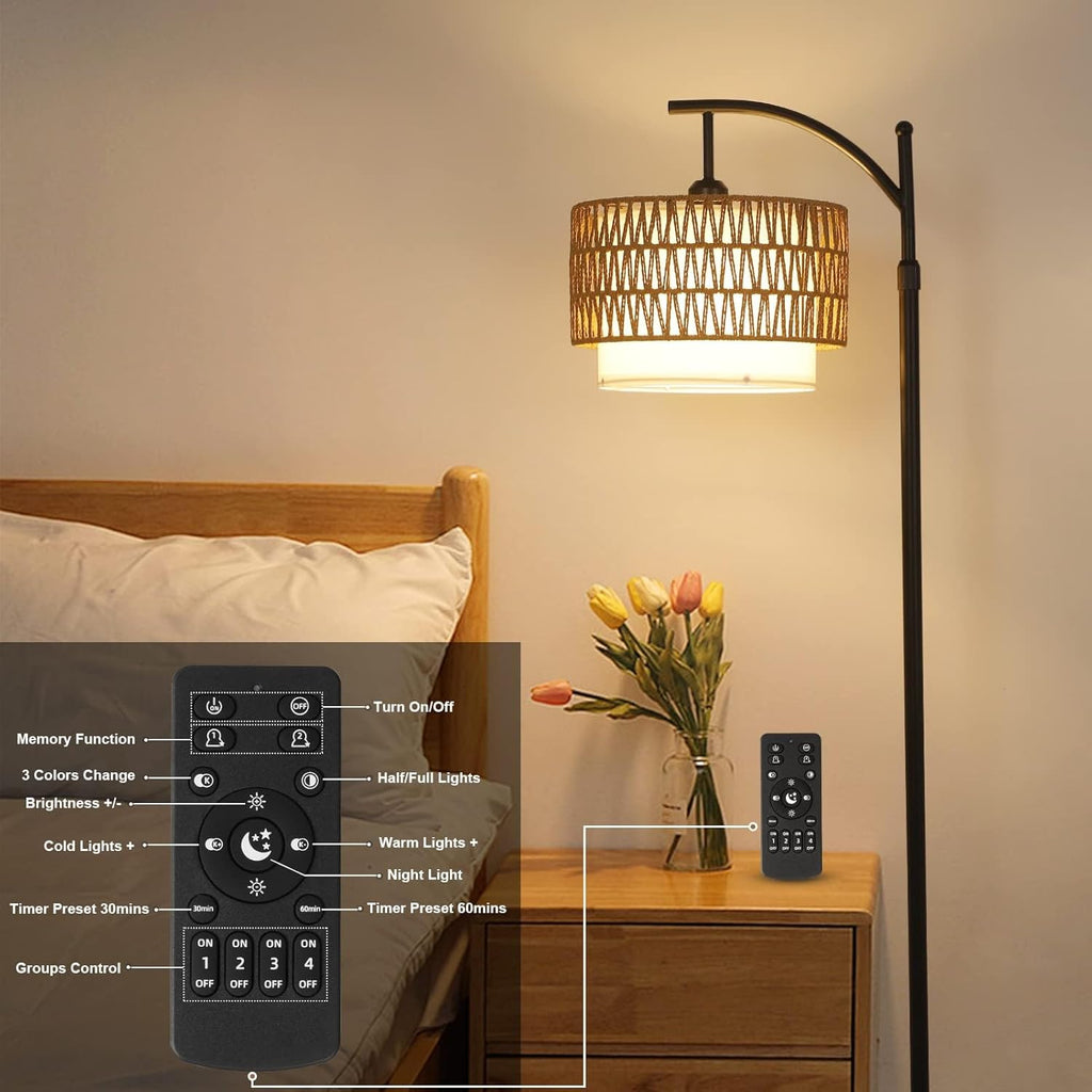 Arc Floor Lamp with Remote and Double Lampshades