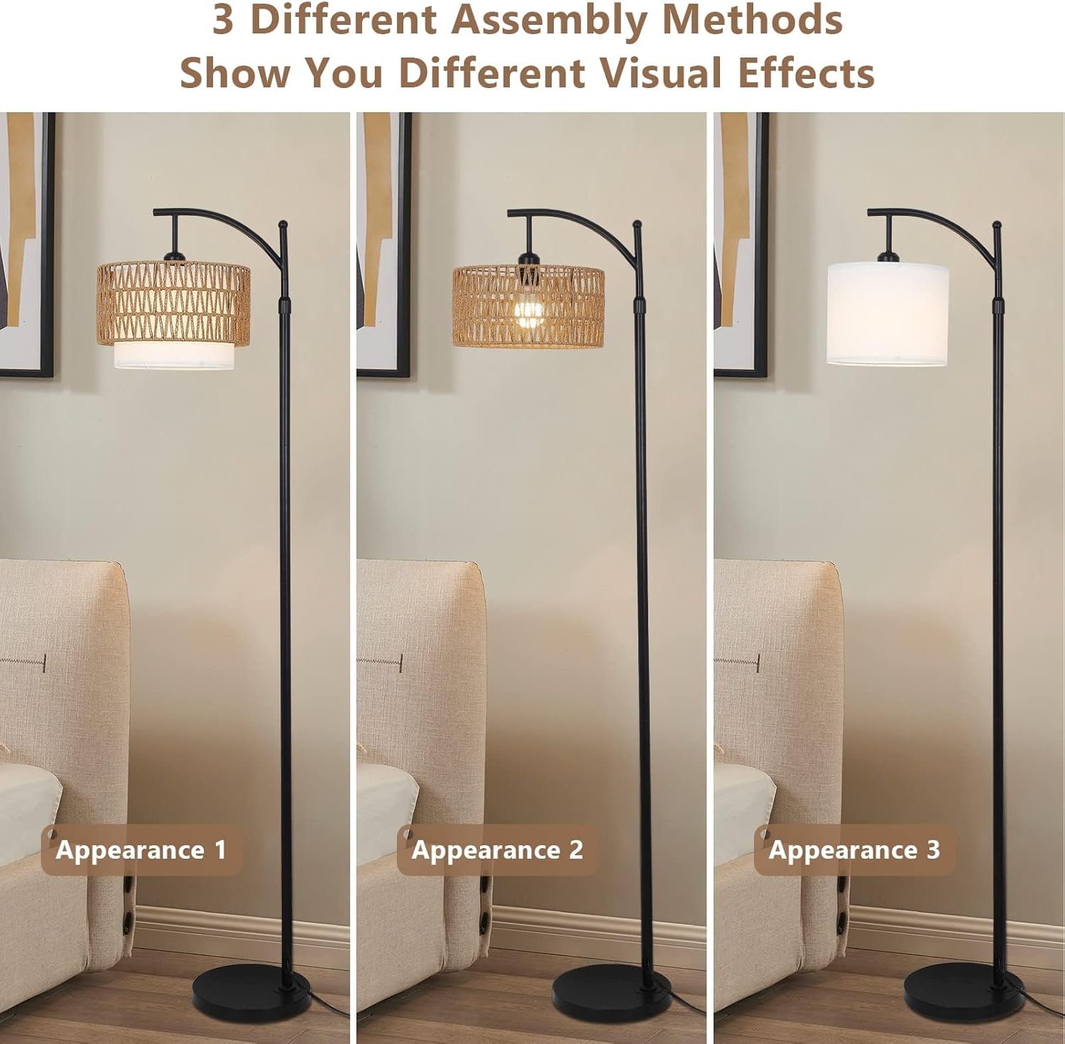 Arc Floor Lamp with Remote and Double Lampshades