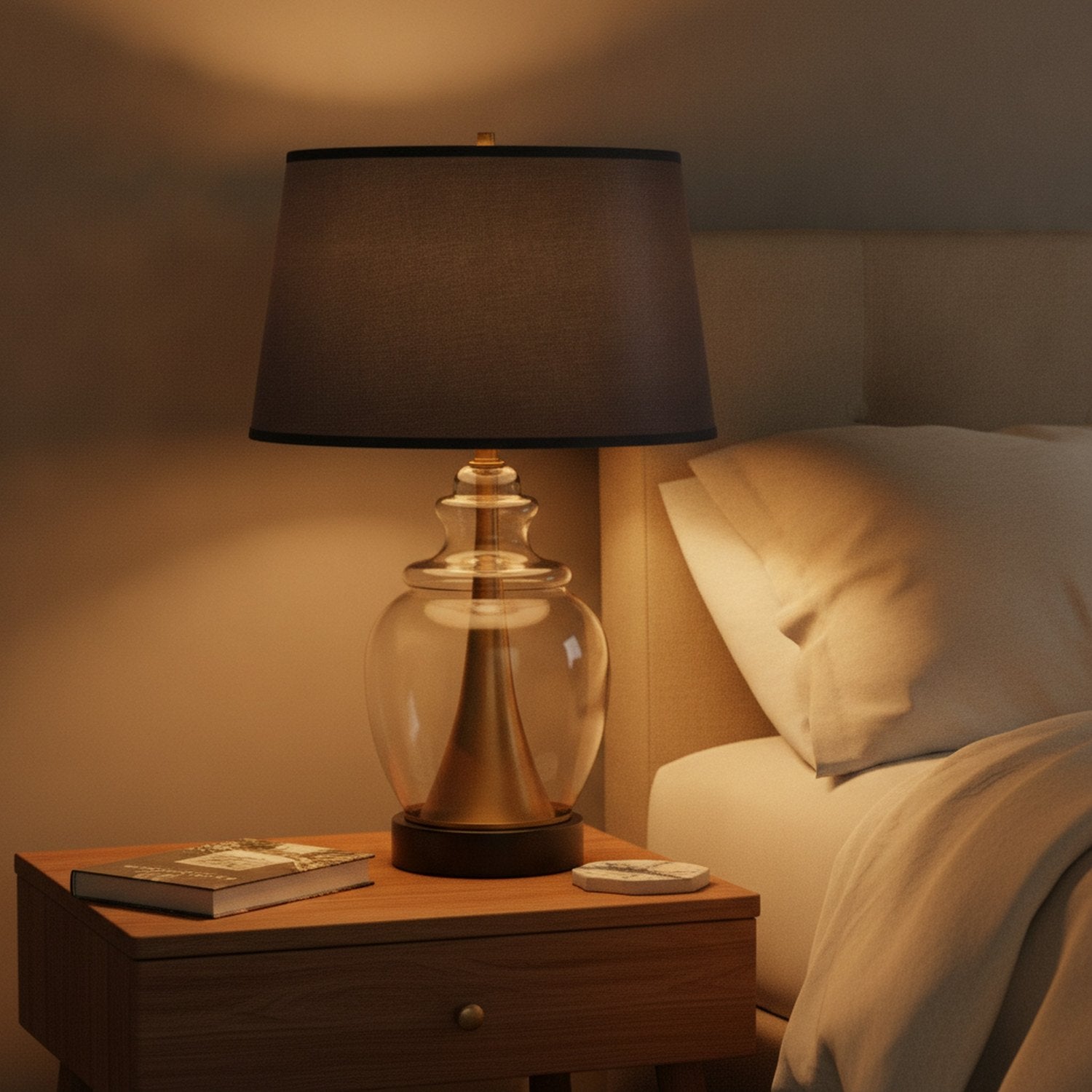 30" Black Metal Urn Table Lamp With Navy Blue Empire Shade - L2