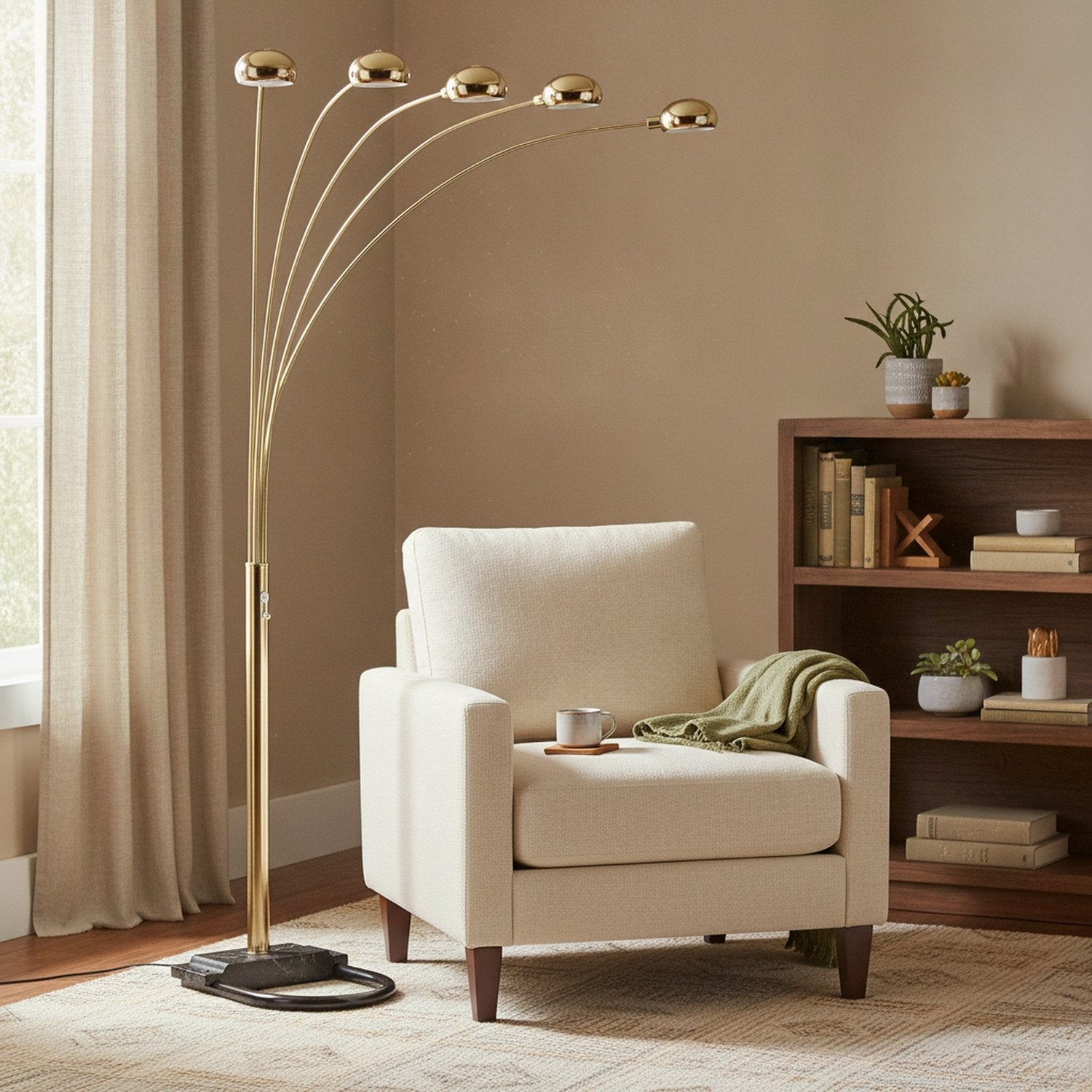 84" Brass Five Light Arc Floor Lamp With Brass Metal Dome Shade - L2
