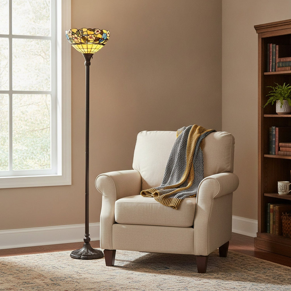 70" Brown Traditional Shaped Floor Lamp With Green And Brown Tiffany Glass Bowl Shade - L2