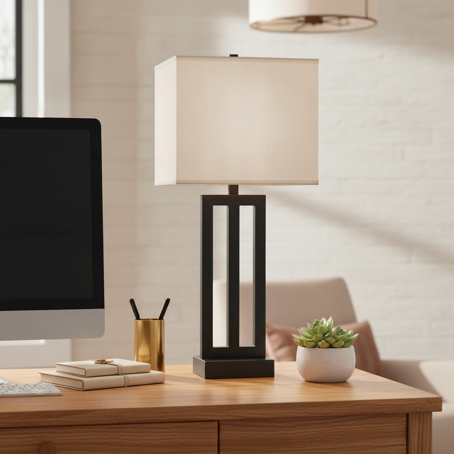 30" Black Metal USB Table Lamp With White Shade - L3
