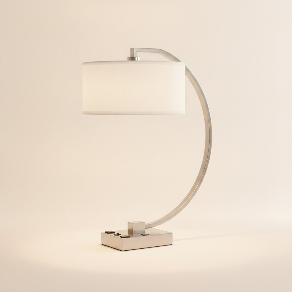 26" Nickel Metal Lantern Desk USB Table Lamp With White Shade - hero