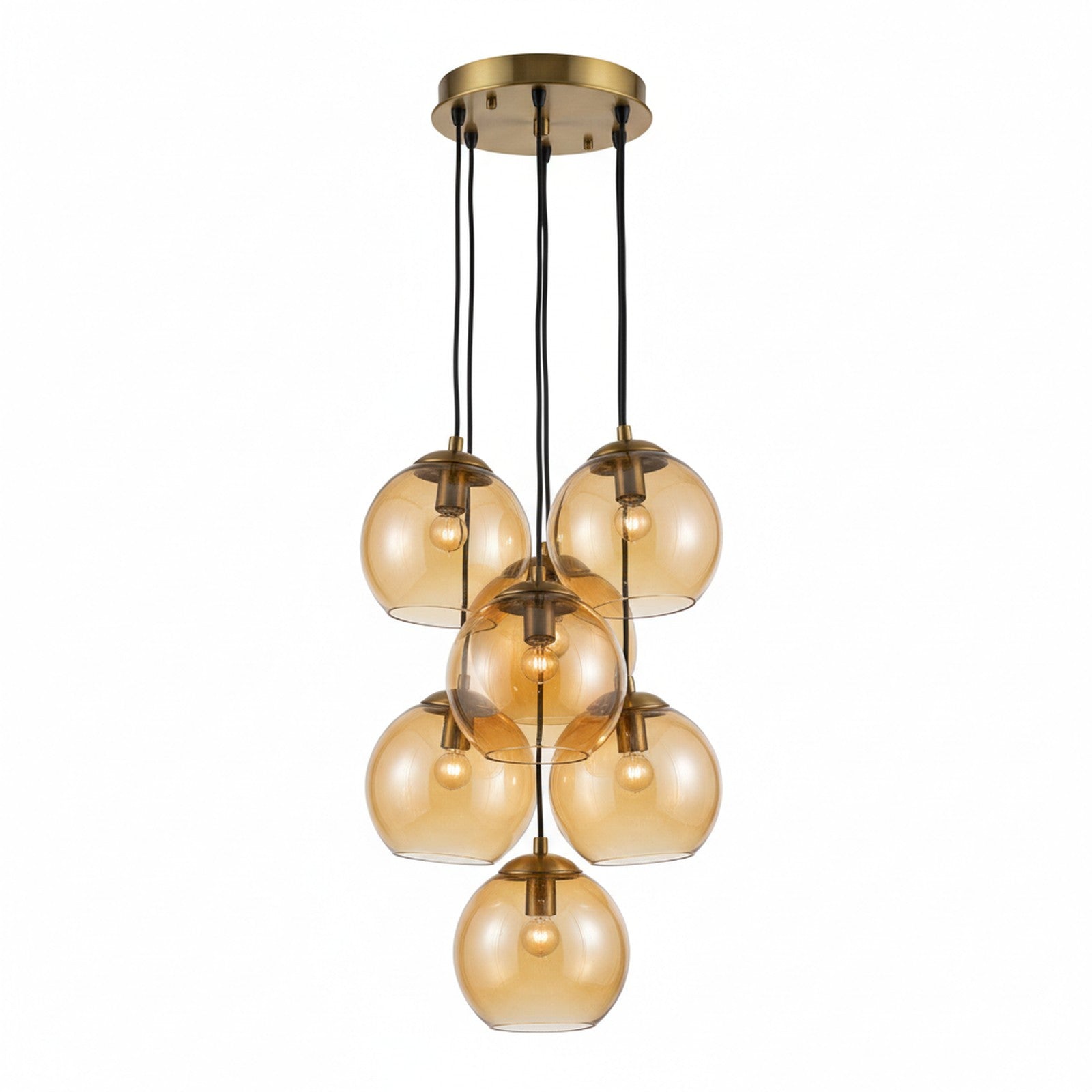 Murano-Style Glass Cluster Pendant - amber blown glass spheres with brass canopy on white background