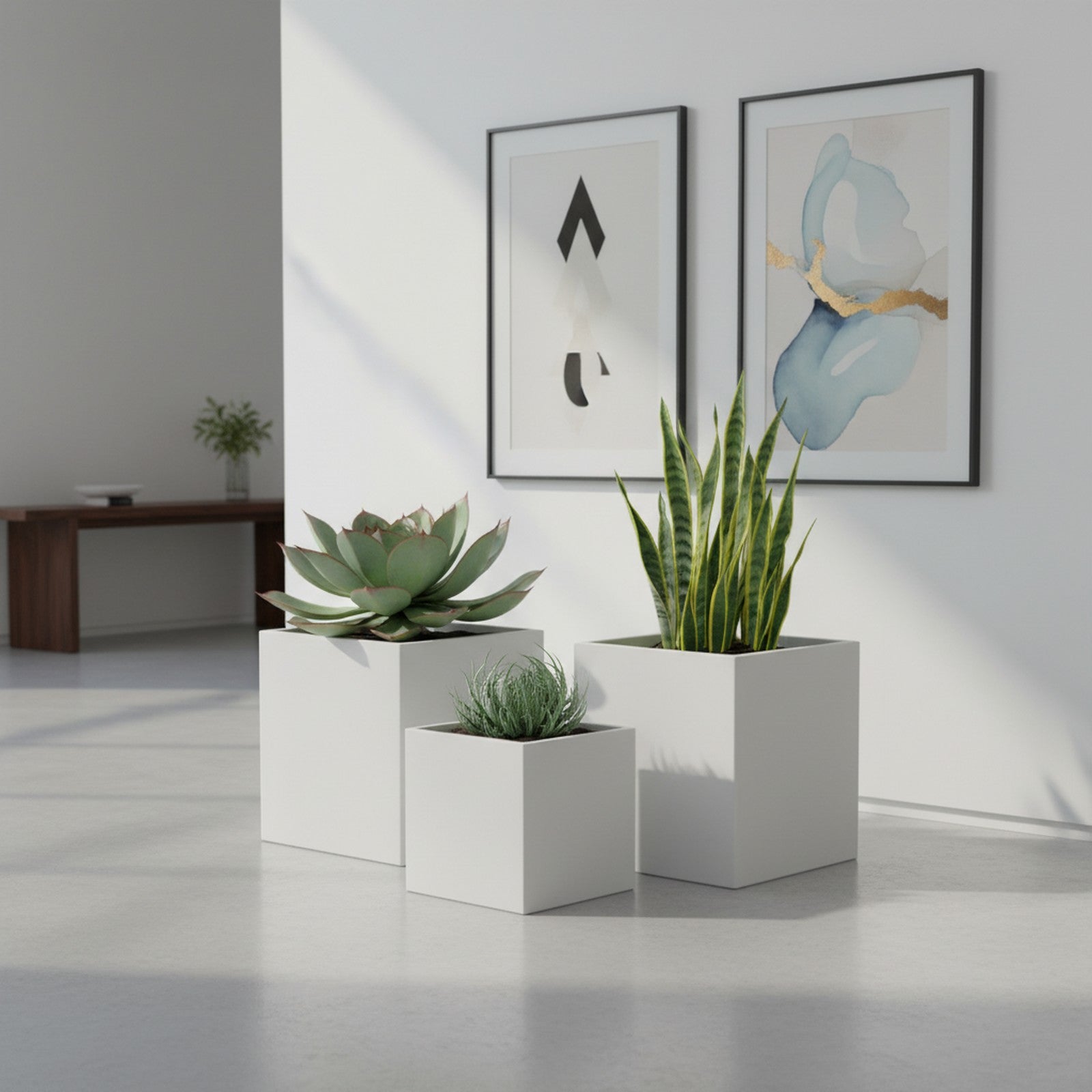 Fiberglass Modern Cube Planter Set - Context Scene