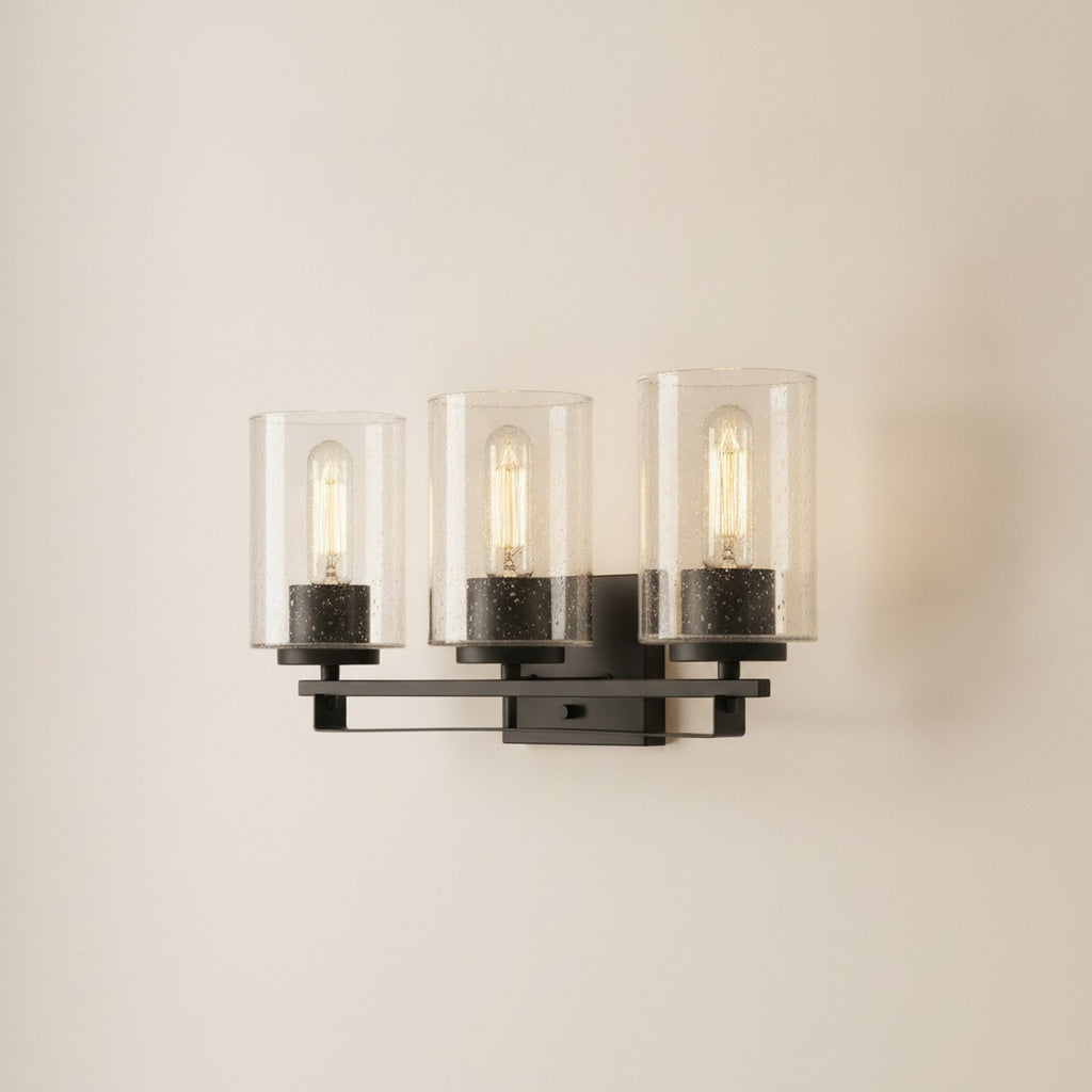 Black Metal and Textured Glass Three Light Wall Sconce - hero