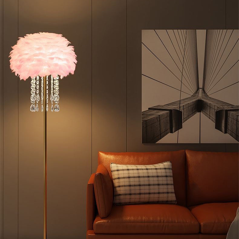Nordic Floor Lamp with Feather and Crystal Shade