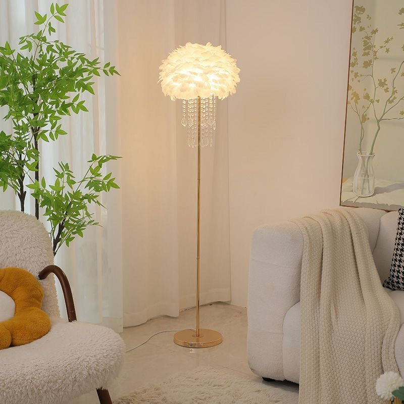 Nordic Floor Lamp with Feather and Crystal Shade