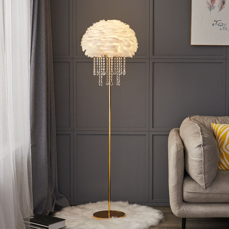Nordic Floor Lamp with Feather and Crystal Shade