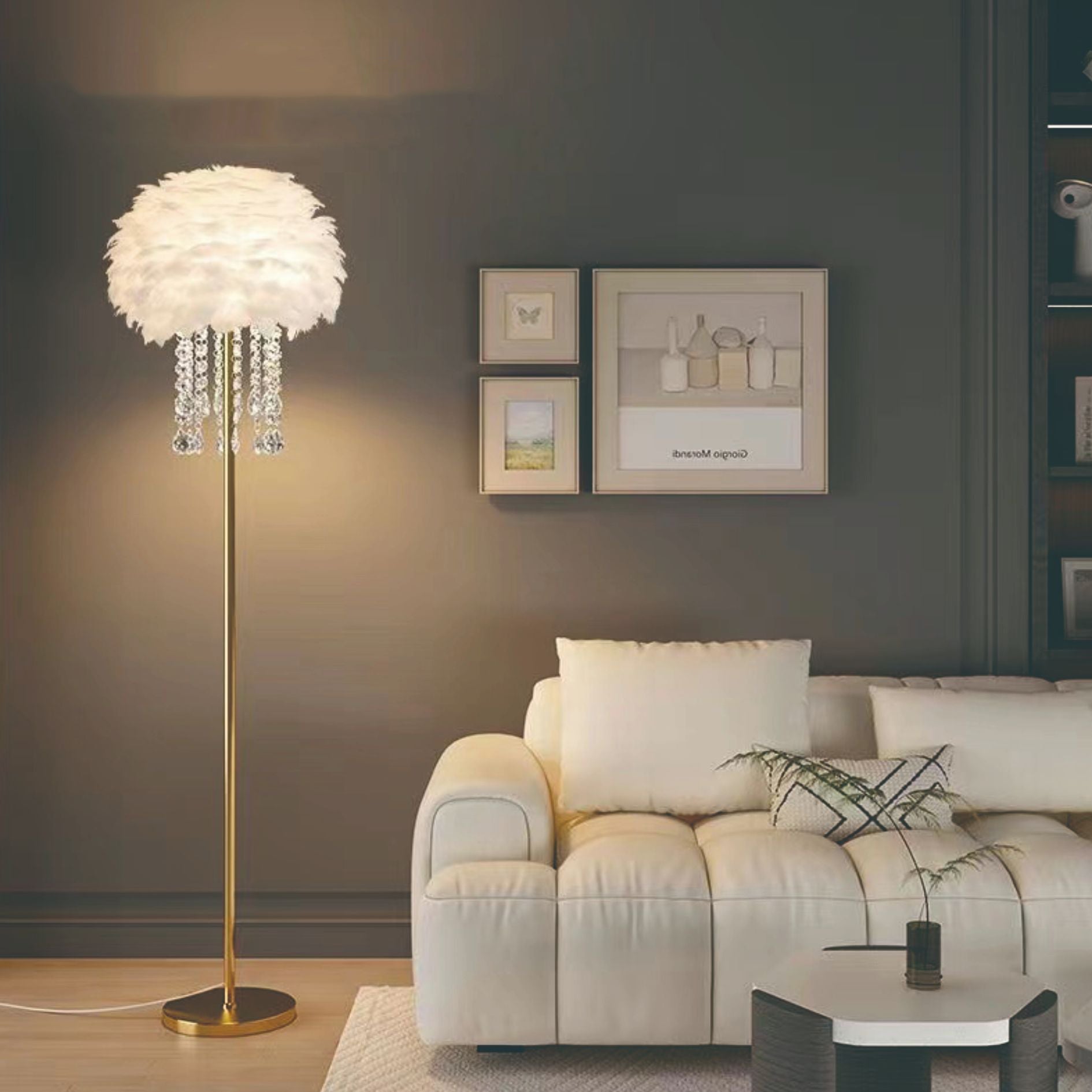 Nordic Floor Lamp with Feather and Crystal Shade