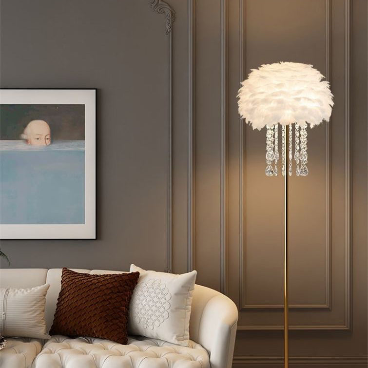 Nordic Floor Lamp with Feather and Crystal Shade