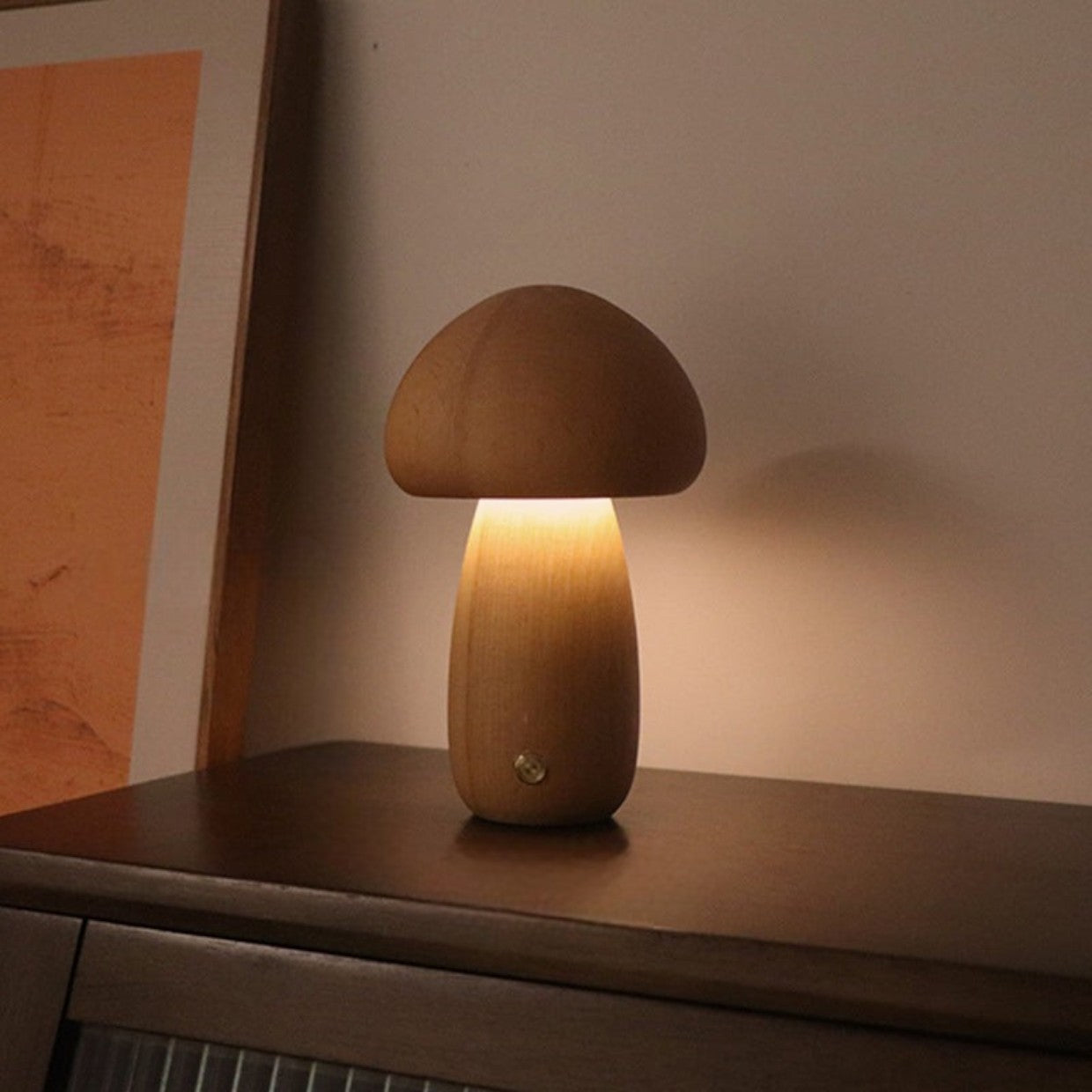 Rechargeable Table Lamp with Wooden Mushrooms
