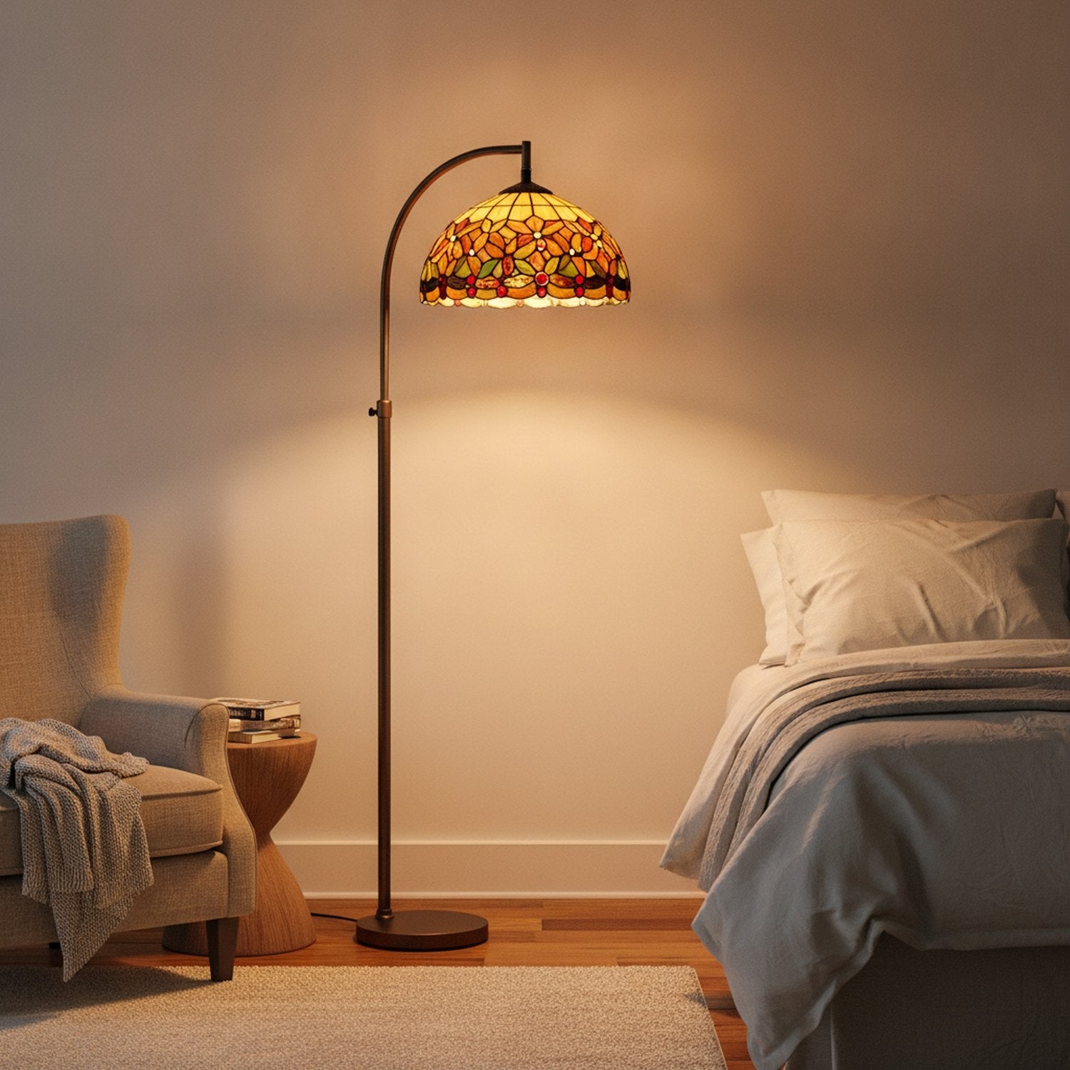 62" Brown Metal Arched Floor Lamp With Amber and Red Flowers Stained Glass Shade - L3