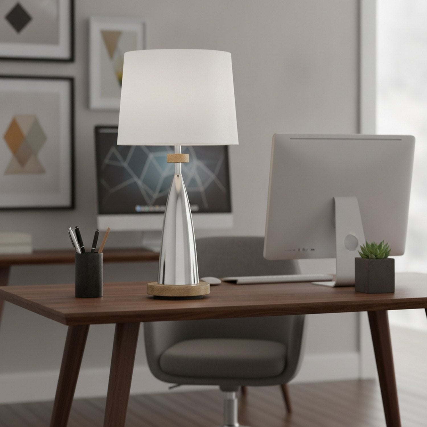 31" Brown Metal Geometric USB Table Lamp With White Empire Shade - L3