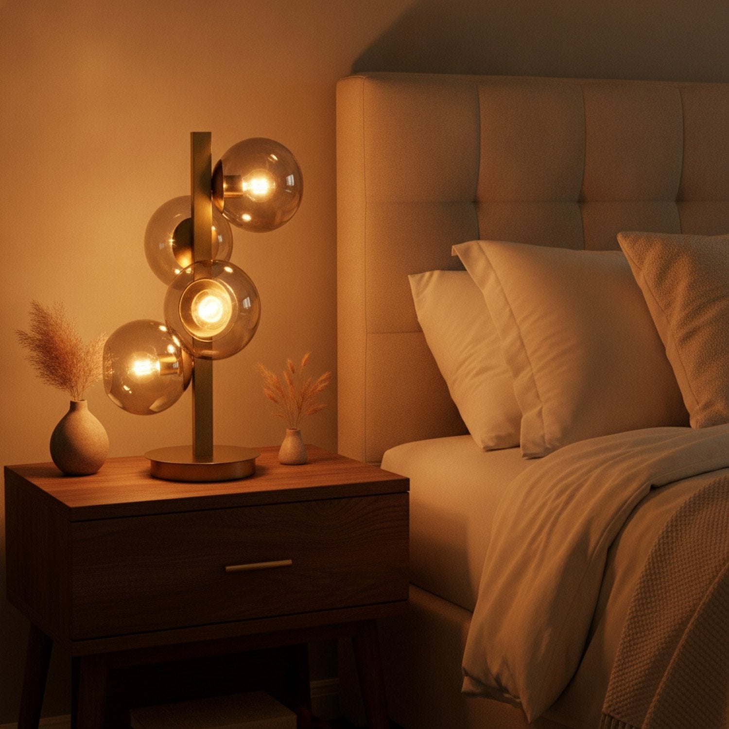 24" Brass Metal Four Light Novelty Table Lamp With Silver Metallic Globe Shades - L2