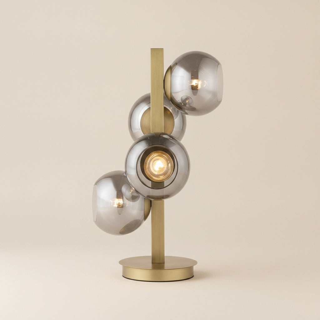 24" Brass Metal Four Light Novelty Table Lamp With Silver Metallic Globe Shades - hero