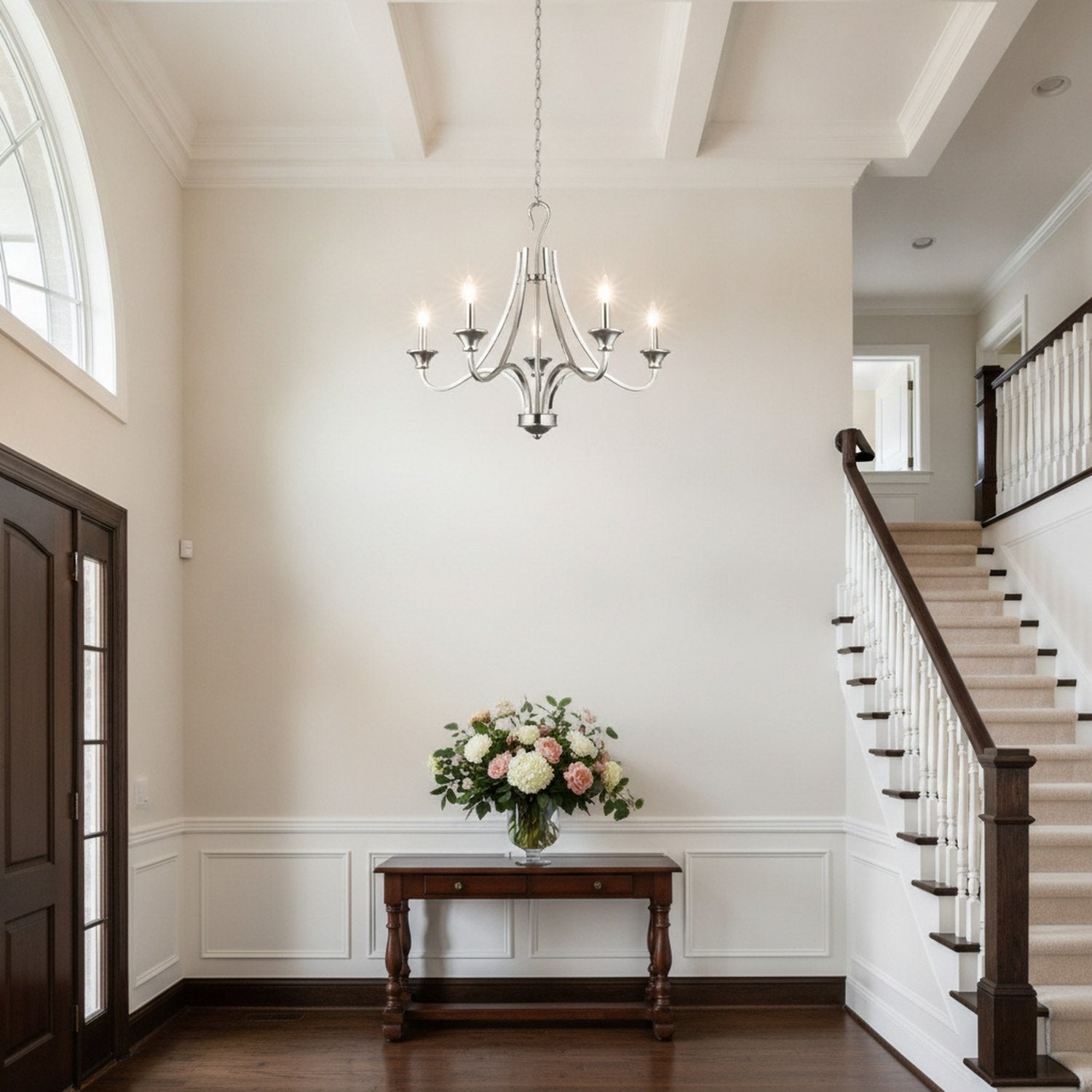 Nickel Candle Style Five Light Metal Dimmable Chandelier - L2