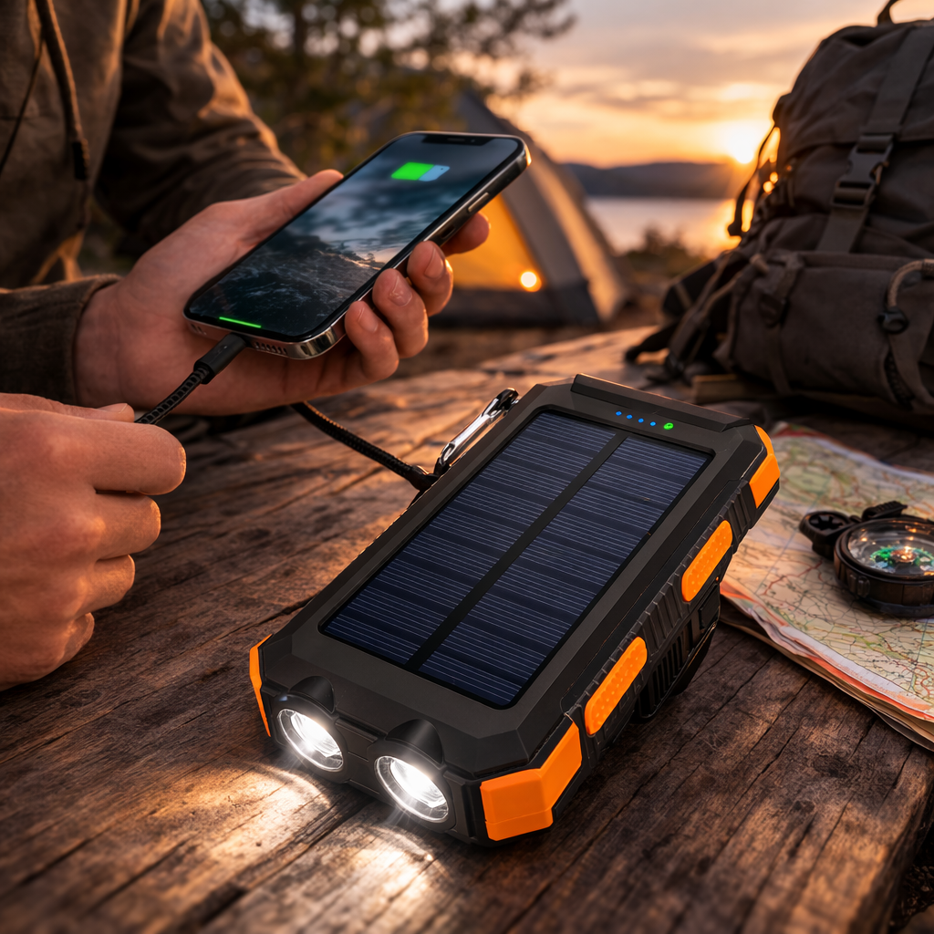 Solar Power Bank With Two USB Ports And LED Flashlight