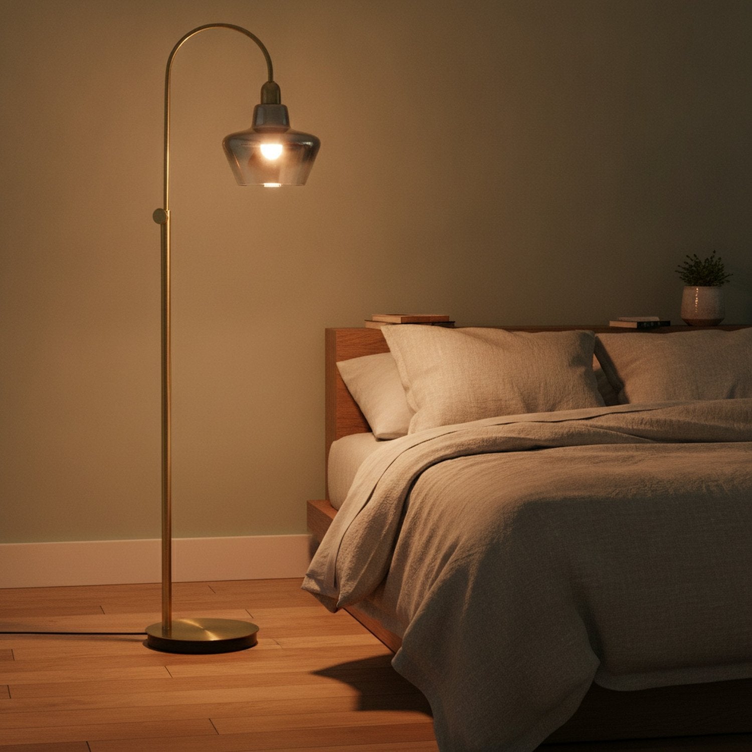 61" Brass Adjustable Arc Floor Lamp With Antiqued Brass Mirrored Glass Novelty Shade - L3