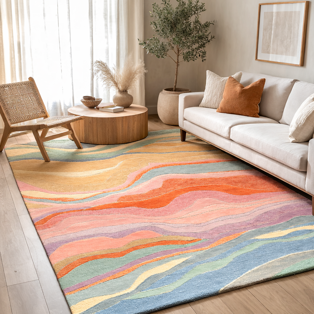 Multicolored Wool Rug With Fluid Pattern