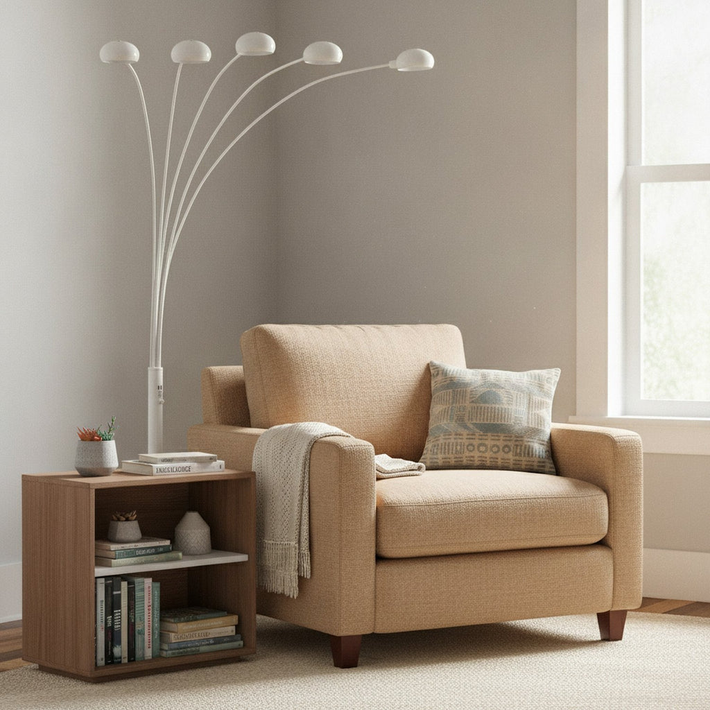 84" White Five Light Arc Floor Lamp With White Dome Shade - L2