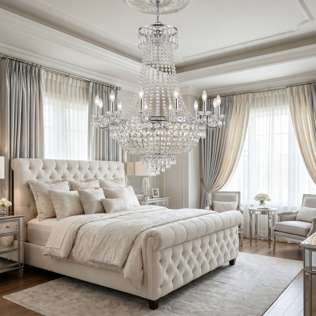 Tiered Crystal Empire Chandelier in elegant master bedroom with tufted upholstered bed and silk drapes
