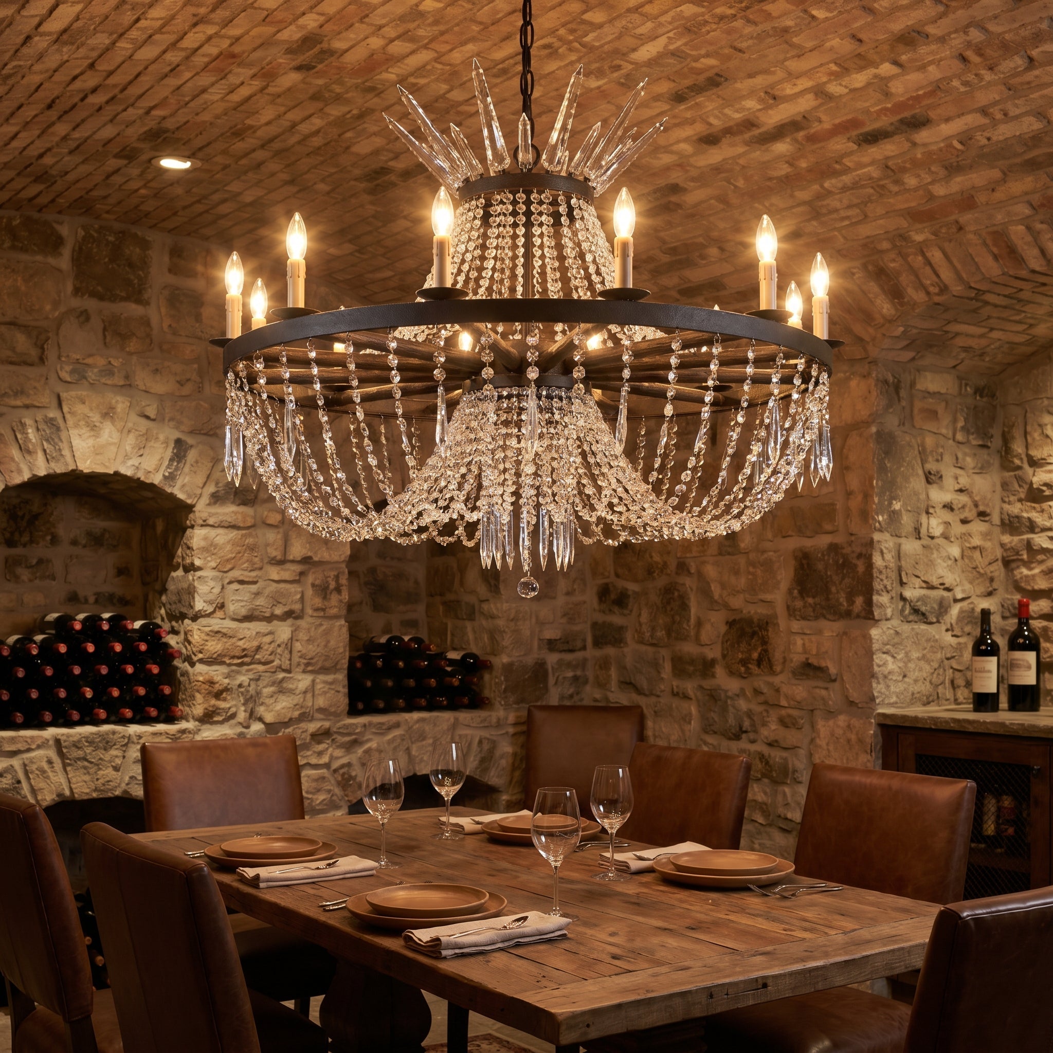 Wagon Wheel Crystal Chandelier in wine cellar dining room with stone walls and arched ceilings