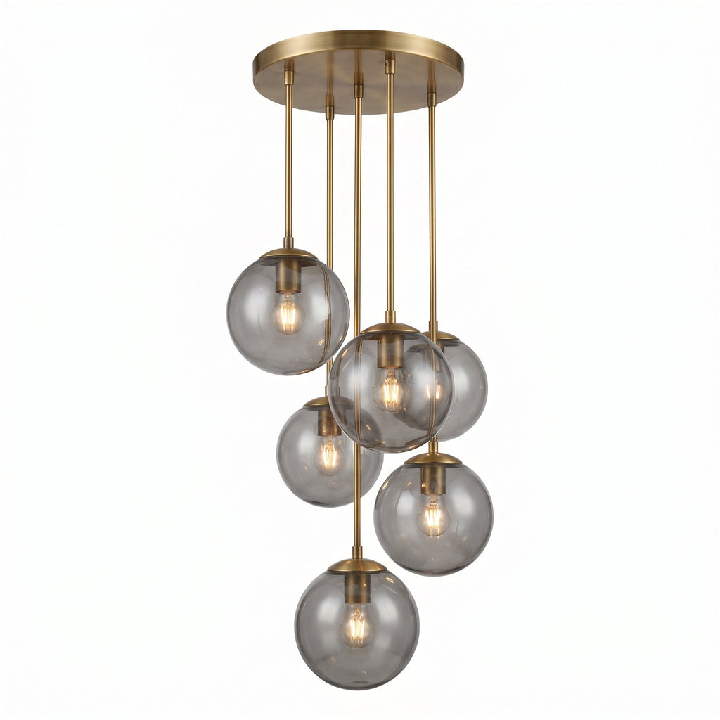 Globe Cluster Chandelier with 6 smoked glass spheres on brass frame on white background