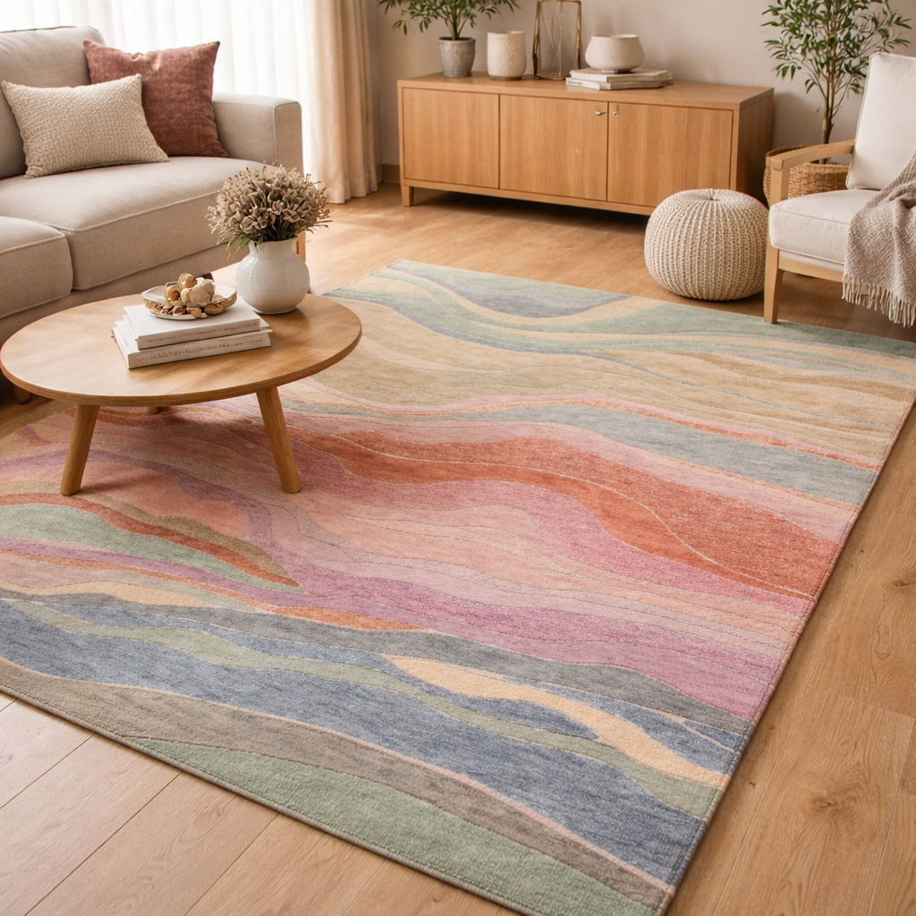 Multicolored Wool Rug With Fluid Pattern