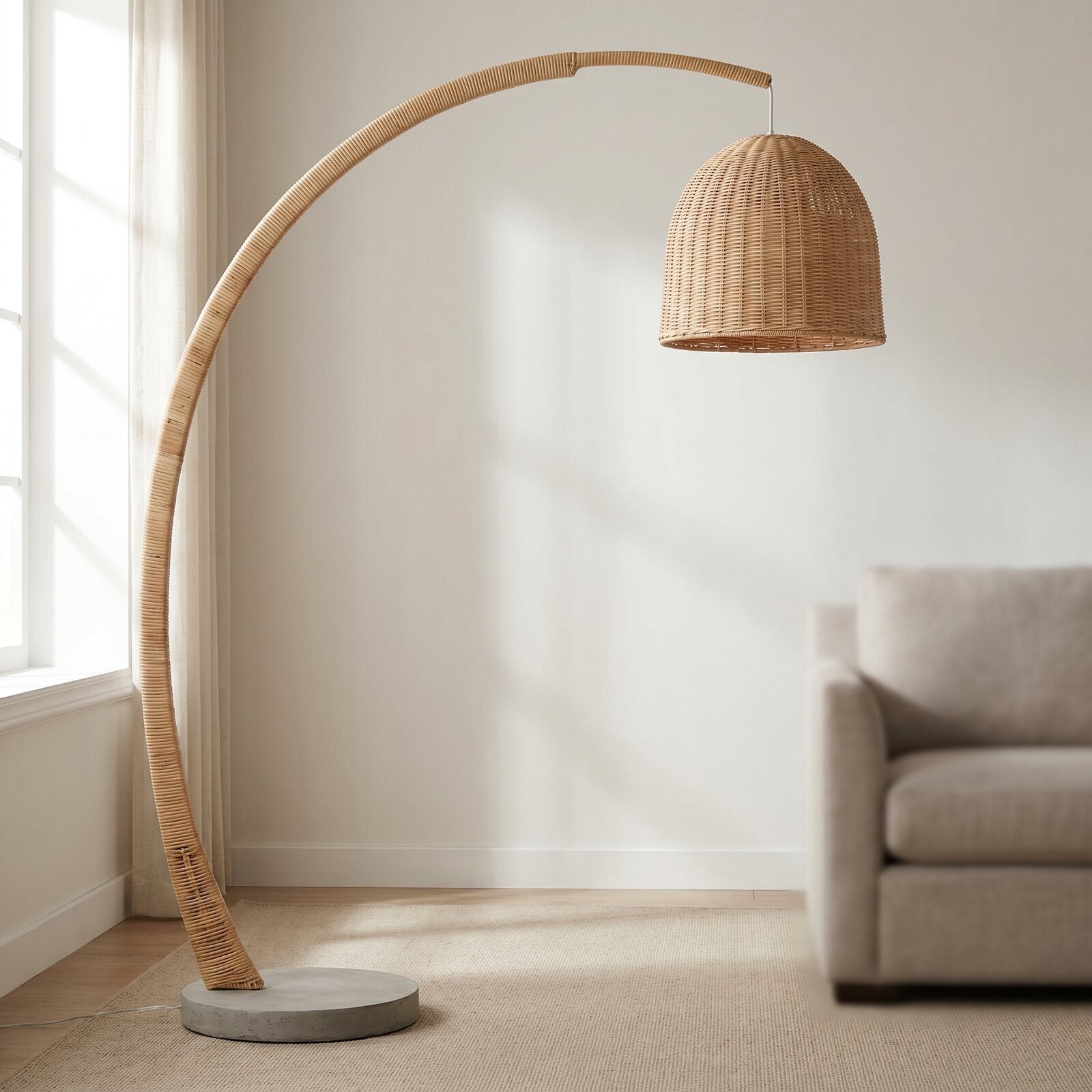 Lampa podłogowa łukowa rattanowa — widok z innej perspektywy