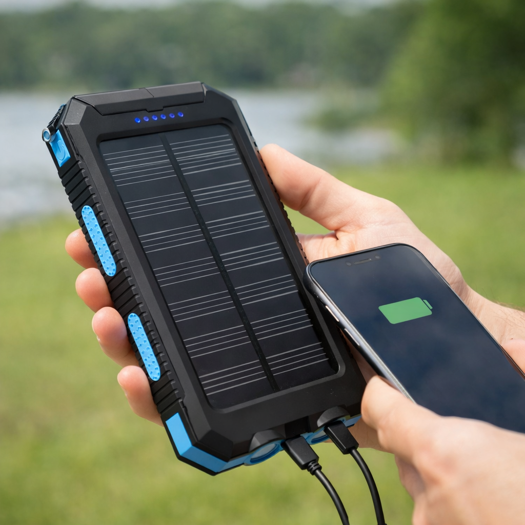 Solar Power Bank With Two USB Ports And LED Flashlight