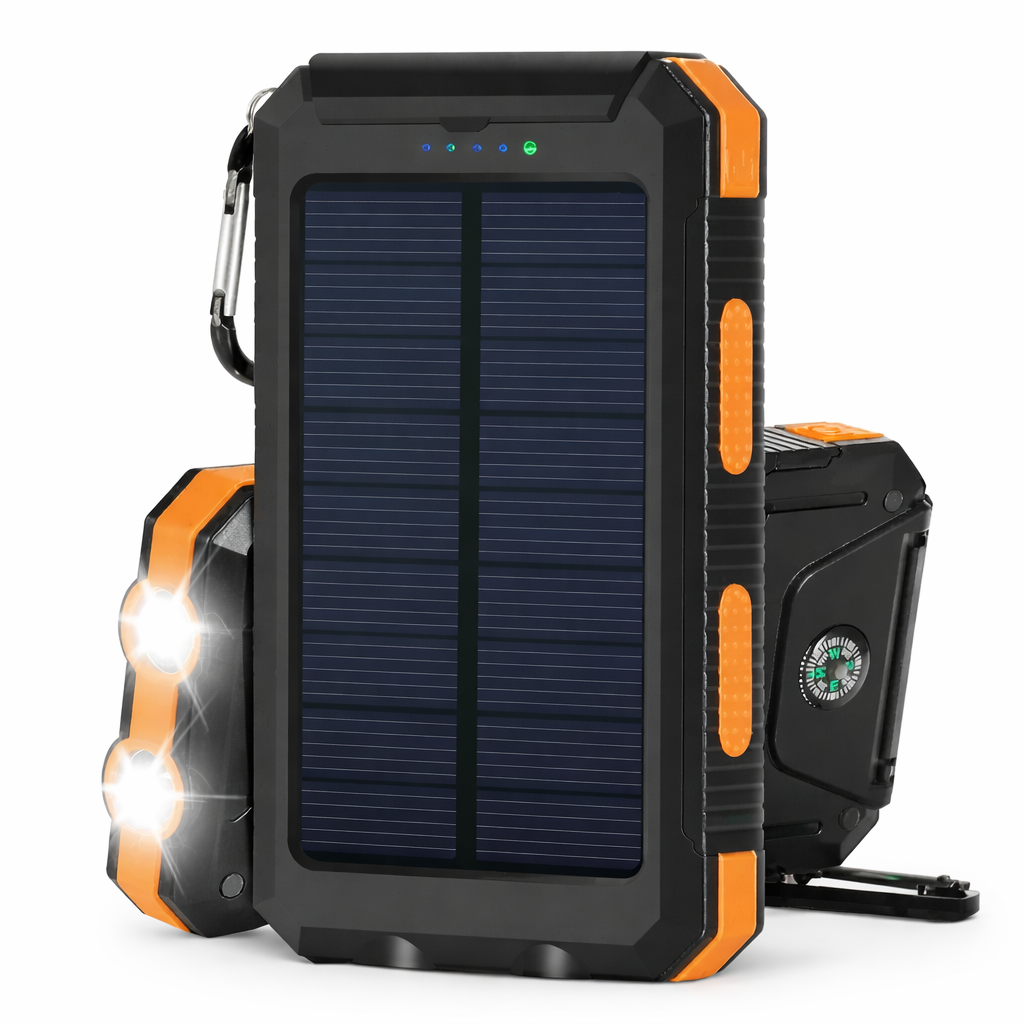 Solar Power Bank With Two USB Ports And LED Flashlight