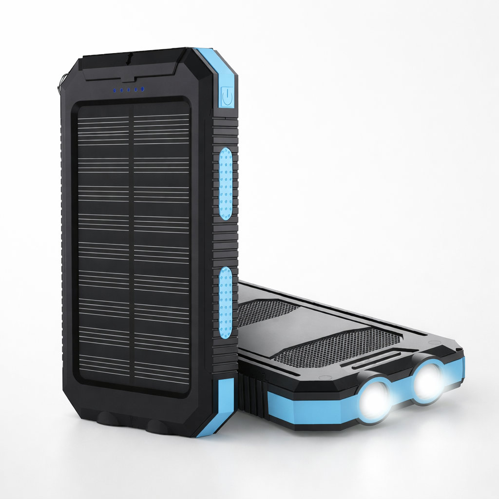 Solar Power Bank With Two USB Ports And LED Flashlight