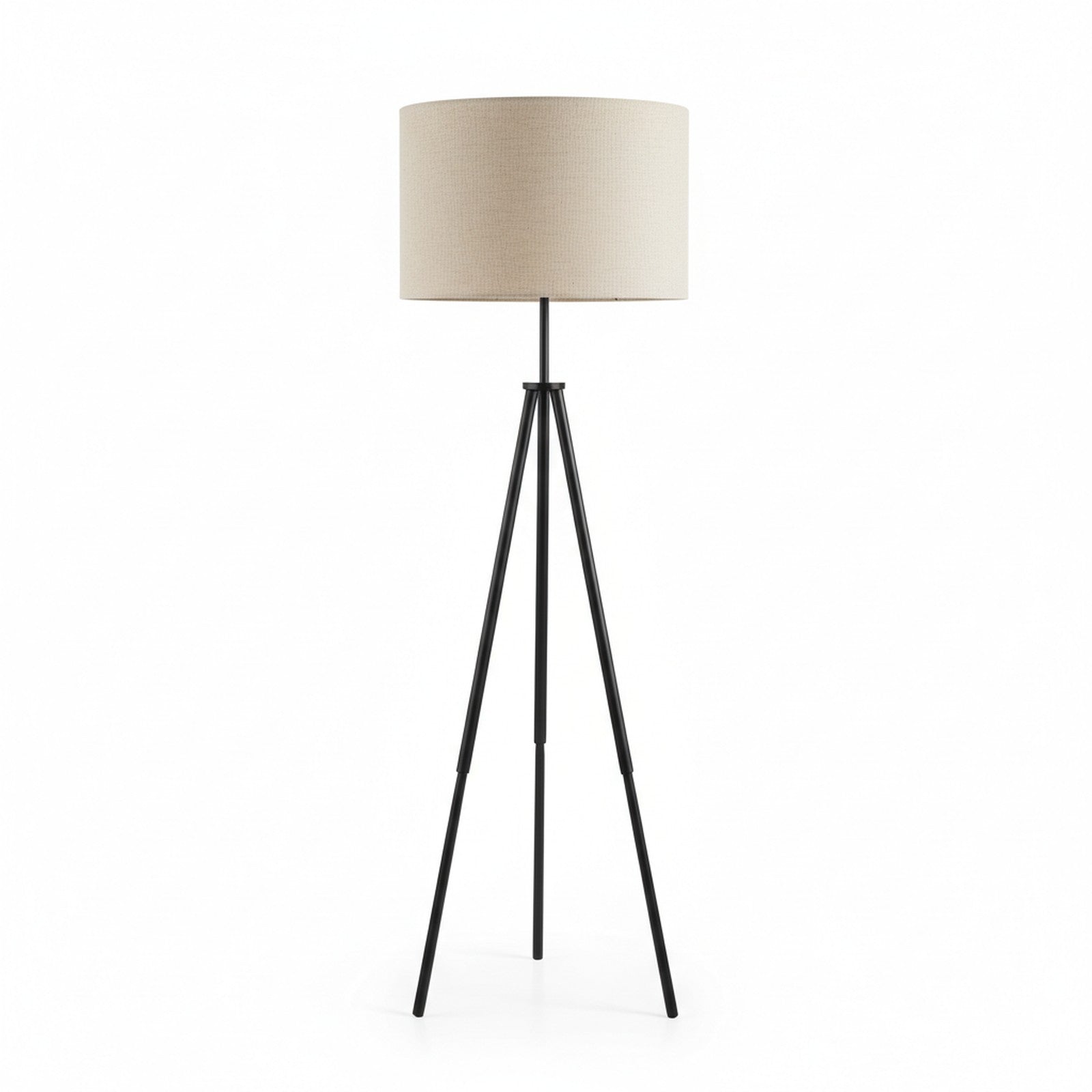 Black tripod floor lamp with linen drum shade mid-century Scandinavian design