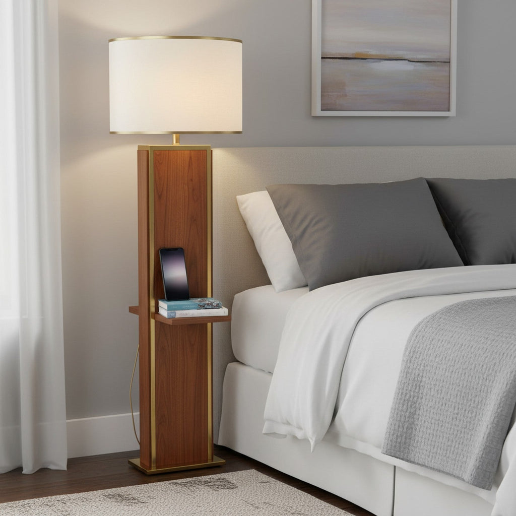 Walnut column floor lamp as bedroom nightstand alternative with books on shelf